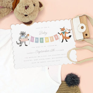 Neutralten Baby Shower för Raccoon Fox Forest Frie Inbjudningar