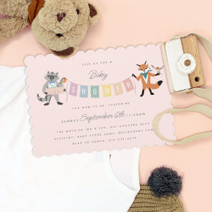 Neutralten Baby Shower för Raccoon Fox Forest Frie Inbjudningar