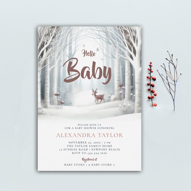 Neutralten Baby Shower för Winter Forest Woodland  Inbjudningar (winter baby shower invitation neutral white wonderland enchanted forest woodland deer cute)