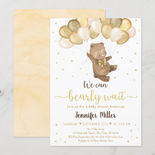 Neutralten Baby Shower Invit nalle Guld-bubblor Inbjudningar