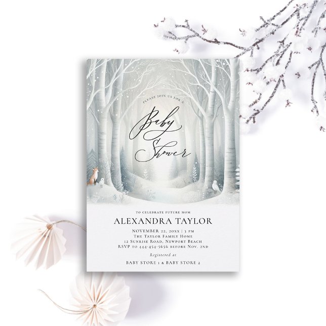 Neutralten Baby Shower på Winter Sol Forest Woodla Inbjudningar (winter baby shower invitation neutral white wonderland enchanted forest woodland fox birds snowy whi)
