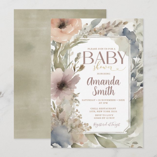 Neutralten Wildblommor Baby Shower Watercolor Inbjudningar (Fram/baksida)
