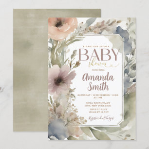 Neutralten Wildblommor Baby Shower Watercolor Inbjudningar