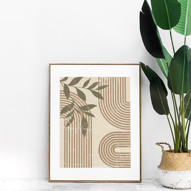 Neutraltens Abstrakt Rönkor och botaniska väggkons Poster (Neutral Abstract Rainbows and Botanical Wall Art in a neutral frame next to a boho plant.)