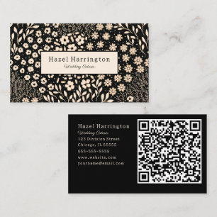 Neutraltens Blommigt QR-Affärskort, svart Beige Visitkort