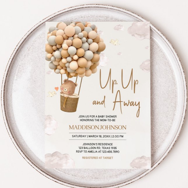Neutraltens Luftballong upp och bort babyskugga Inbjudningar (Up and Away Hot Air Balloon Baby Shower Invitation)
