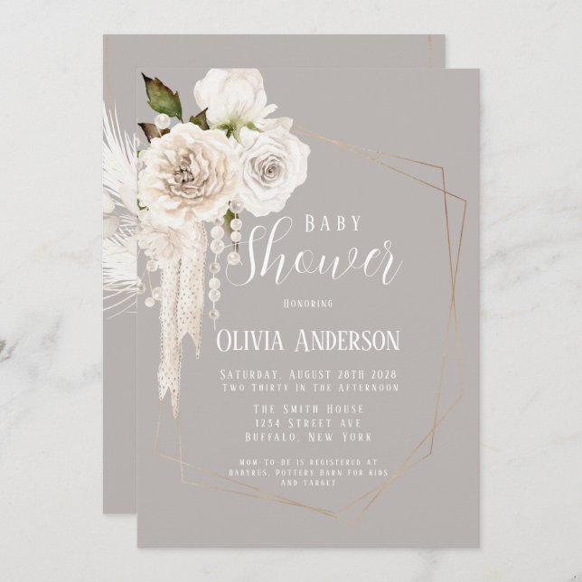 Neutralter för vattenfärg och Blommigtar för babys Inbjudningar (Fram/baksida)