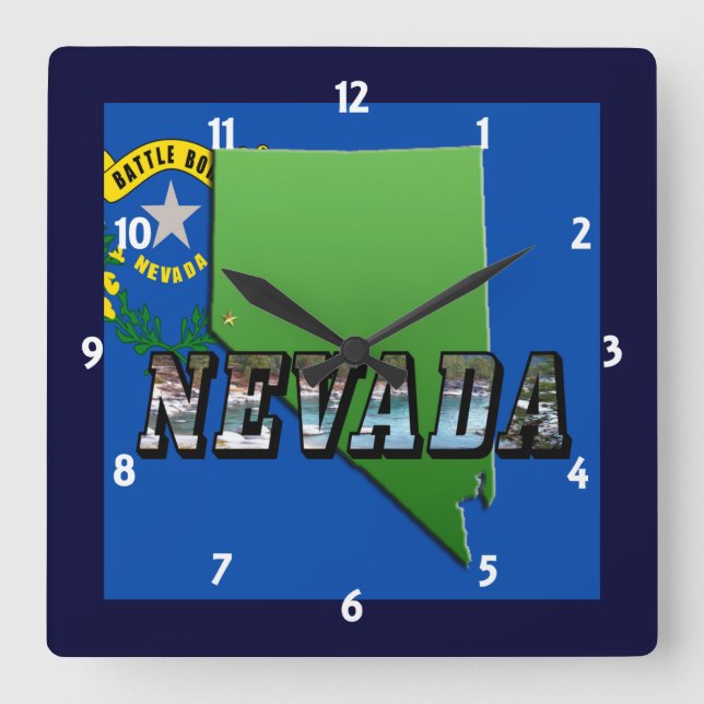 Nevada Karta, Bild Text och Flagga Clock Fyrkantig Klocka (Framsida)