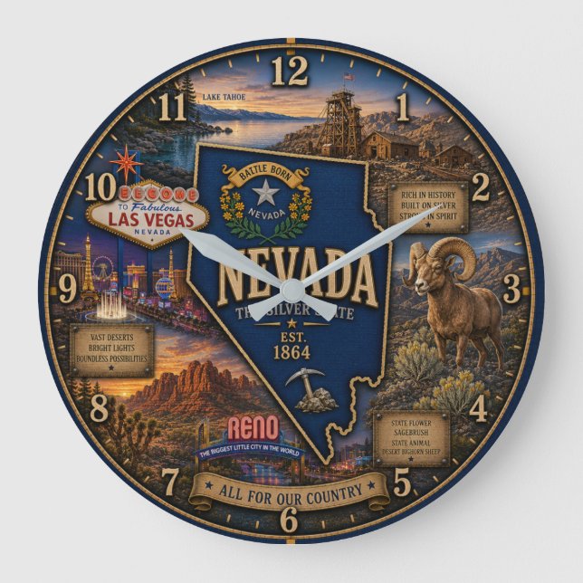 Nevada State Silver Desert and Las Vegas Rustic Stor Klocka (Framsida)