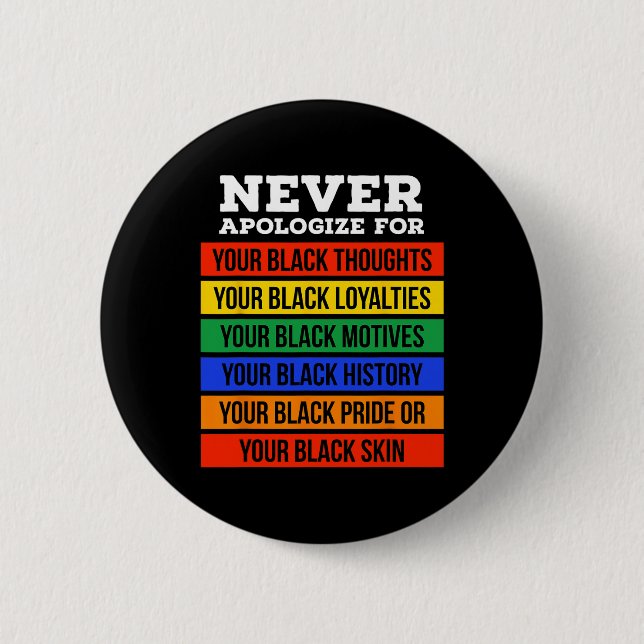 Never Apologize For Your Blackness - Black History Knapp (Framsida)