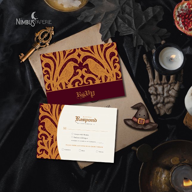 Nevermore Damask | Burgunder Gothic Halloween  OSA Kort (Skapare uppladdad)