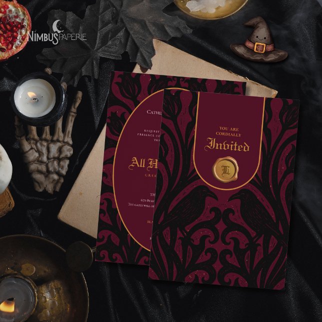 Nevermore Damask Burgunder Lyx Halloween  Inbjudningar (Skapare uppladdad)