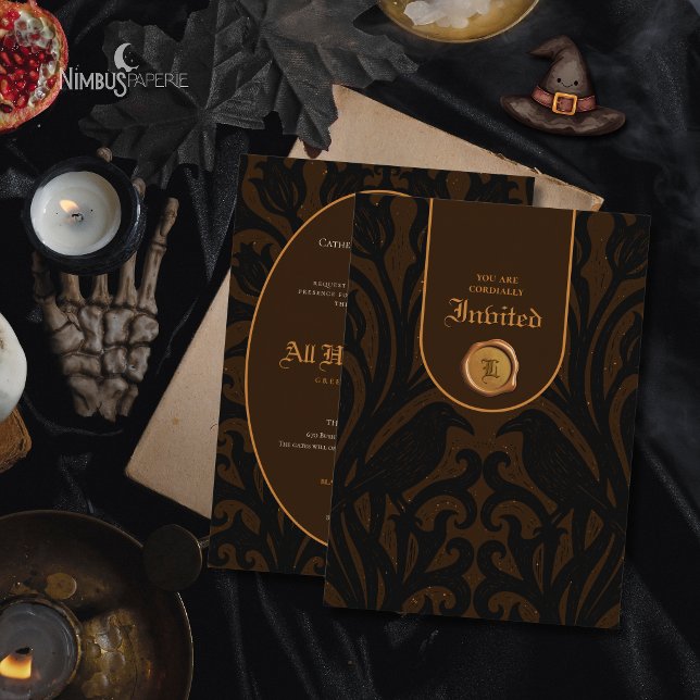 Nevermore Damask Mörkbrun Lyx Halloween  Inbjudningar (Skapare uppladdad)