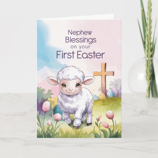 Nevö Barnets Första Påsk Religiösa Lamm Kors Kort (Framsida)