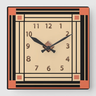 New Art Deco Stil (Orange, svart och grädde) Fyrkantig Klocka