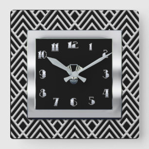 New Art Deco Stil (Svarta och silver) Fyrkantig Klocka
