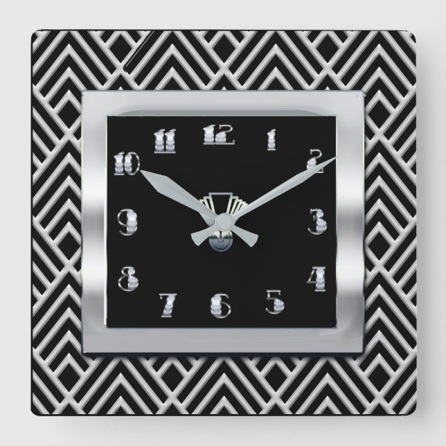 New Art Deco Stil (Svarta och silver) Fyrkantig Klocka (Framsida)