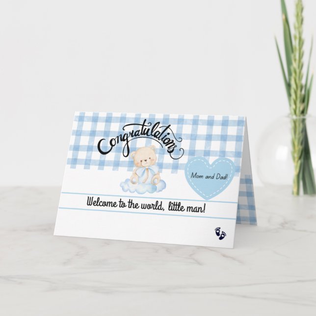 New Baby Boy Congratulations Card, Cute Blue Bear Kort (Framsida)
