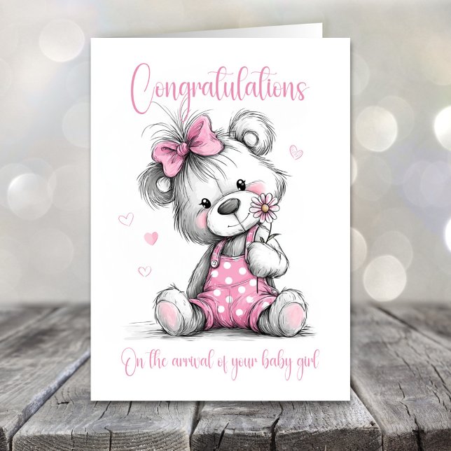 New Baby Girl Congratulations Teddy Bear Card Kort (Skapare uppladdad)