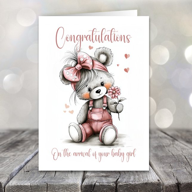 New Baby Girl Congratulations Teddy Bear Card Kort (Skapare uppladdad)