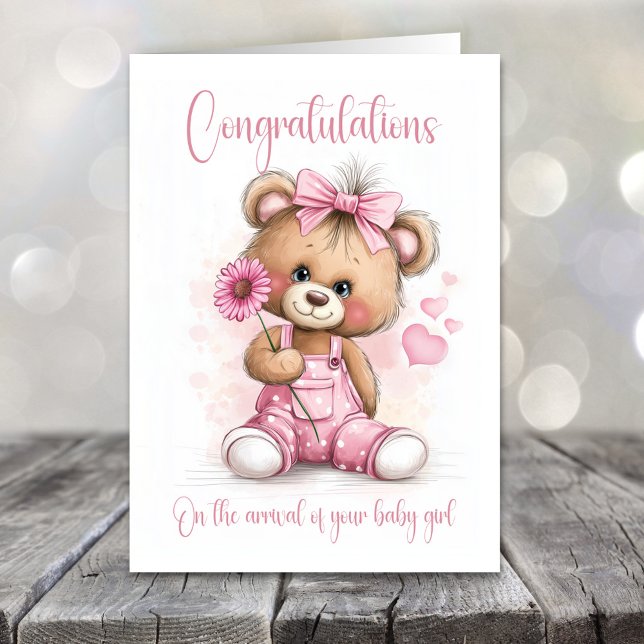 New Baby Girl Congratulations Teddy Bear Card Kort (Skapare uppladdad)