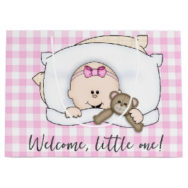 New Baby Girl With Teddy Bear On Gingham