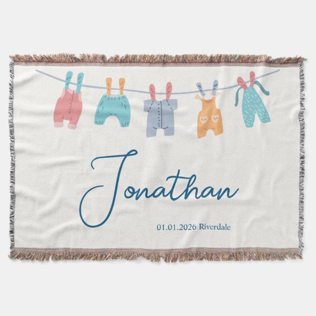 New Baby, Name, Date, Minimal Cute Clothline Filt (Framsidan)