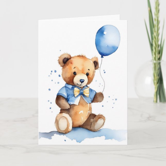 New Baby Teddy Bear With Blue Balloon Kort (Framsida)