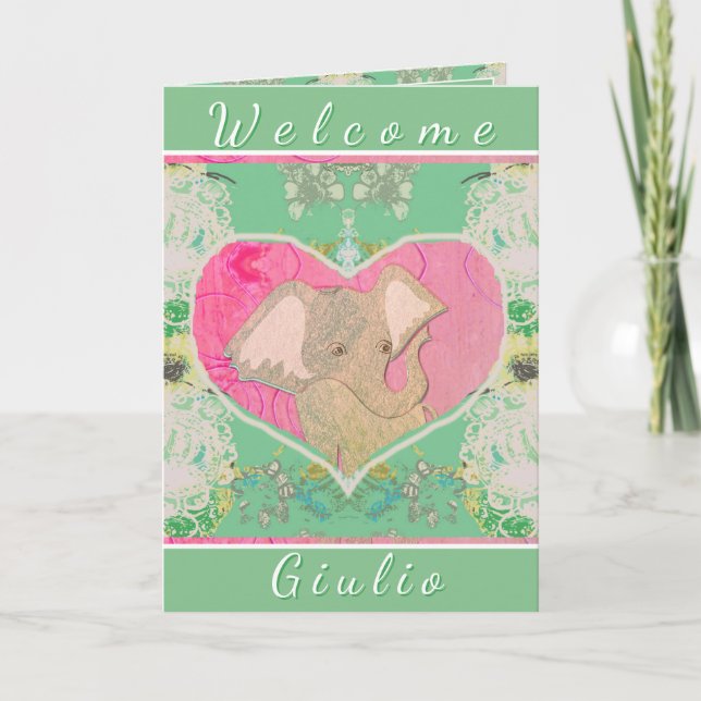 New Baby w/Elephant Folded Greeting Card Kort (Framsida)