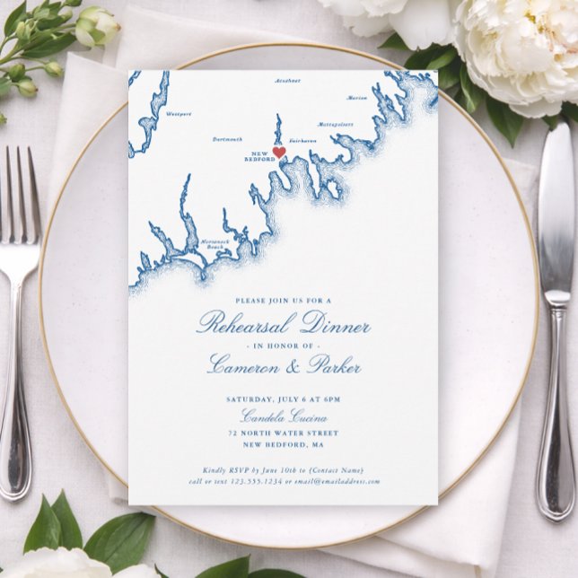 New Bedford MA Karta Bröllopsrepetition Middag Inbjudningar (New Bedford Candela Cucina Wedding  Rehearsal Dinner Invitation in Navy Blue by Coastal Map Designs)