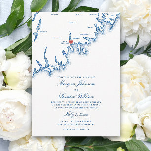 New Bedford MA Karta Elegant Navyblå Bröllop Inbjudningar