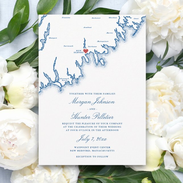 New Bedford MA Karta Elegant Navyblå Bröllop Inbjudningar (New Bedford MA Wedding Invitation in Elegant Navy Blue by Coastal Map Designs)