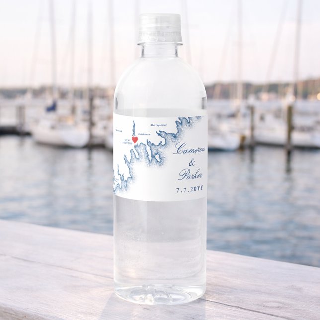 New Bedford MA Wedding Elegant Navy Blue Map Vattenflaskor Etikett (Merril's Waterfront Wedding Water Bottle Label New Bedford Wedding Favor by Coastal Map Designs)