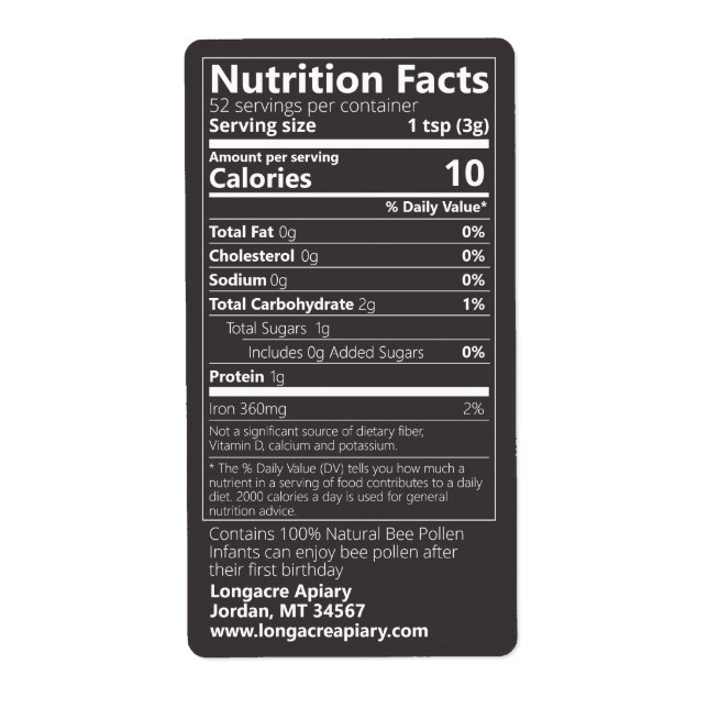 New Bee Pollen Nutrition Facts Jet Black Fraktsedel (Framsidan)