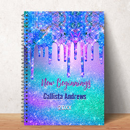 New beginnings blue ombre glitter drips monogram anteckningsbok