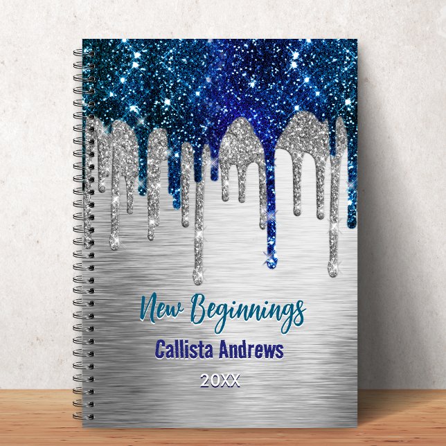 New beginnings Blue silver glitter Drips monogram Anteckningsbok (Skapare uppladdad)