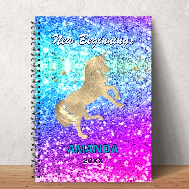 New beginnings gold unicorn Glitter monogram  Anteckningsbok (Skapare uppladdad)