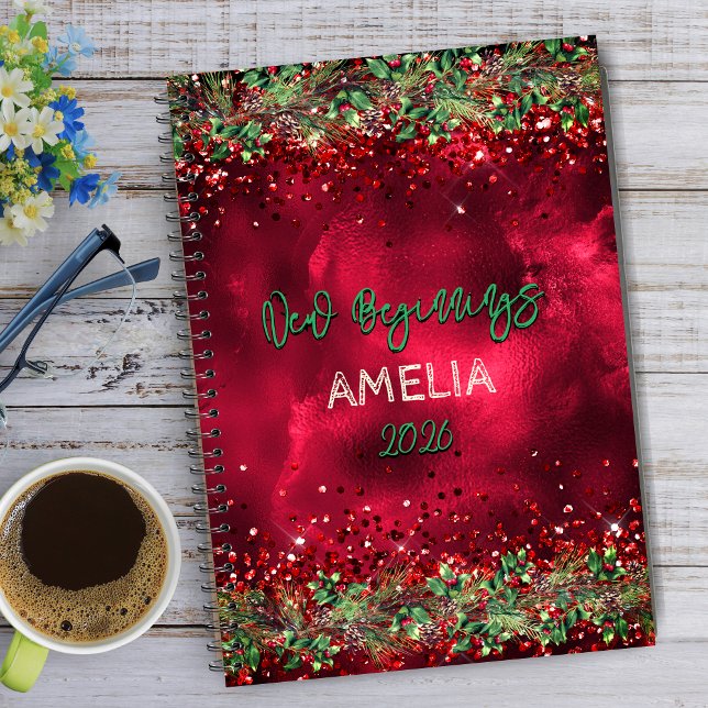 New beginnings quote elegant green red floral  anteckningsbok (Skapare uppladdad)