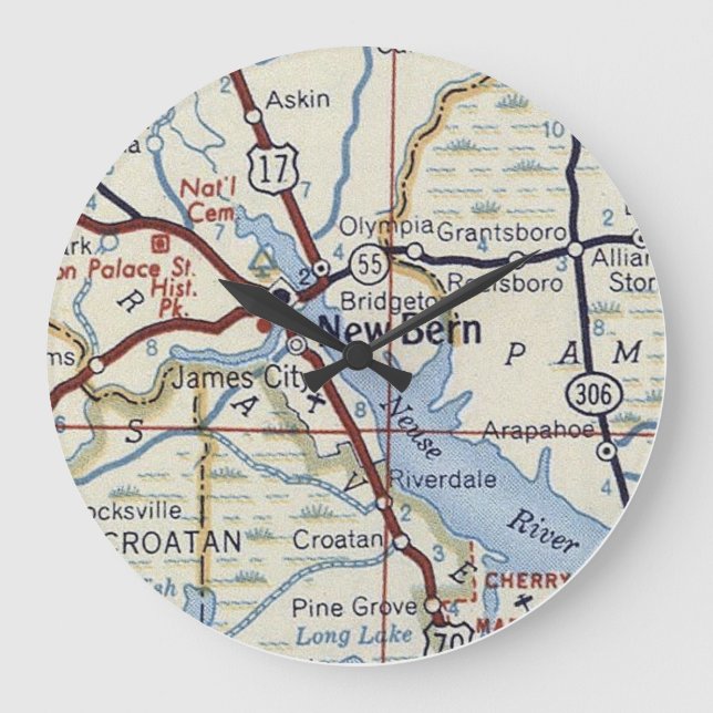 New Bern NC 50:s Karta Stor Klocka (Framsida)