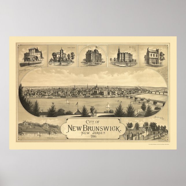 New Brunswick, NJ Panoramic Karta - 1880 Poster (Framsidan)