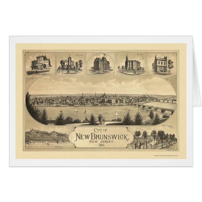 New Brunswick panorama- karta för NJ - 1880 Hälsningskort (Framsidan Horizontal)