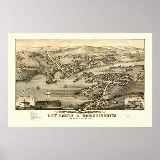 New Castle & Damariscotta, ME Panoramic Karta - 18 Poster (Framsidan)