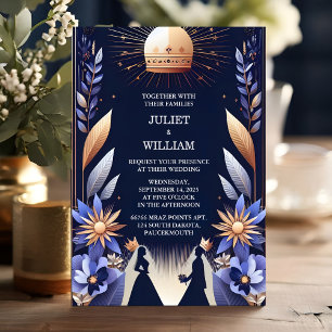 New Castle Luxury Fuchsia Krona Royal Blue Bröllop Inbjudningar