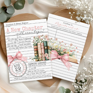 New Chapter Library Card Book Bow Baby Girl Shower Inbjudningar
