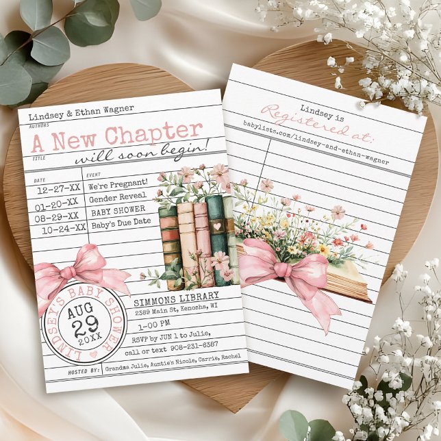 New Chapter Library Card Book Bow Baby Girl Shower Inbjudningar (A New Chapter floral books wildflower pink bows library card cute modern baby girl shower invitation)