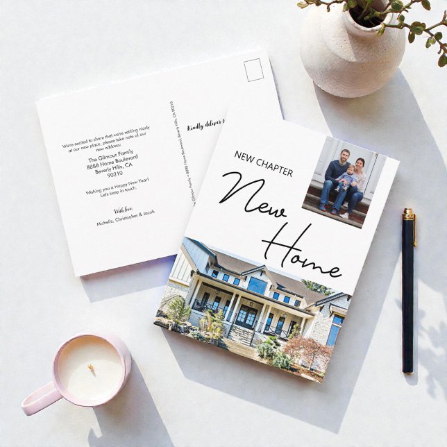New Chapter New Home Family Custom Photo and House Vykort (New Chapter New home family house moving announcement cards.)