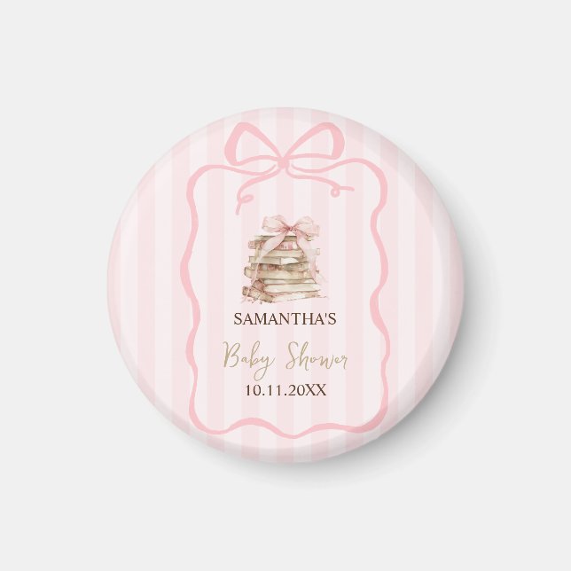 New Chapter Pink Bow Stripes Baby Shower Magnet (Framsidan)