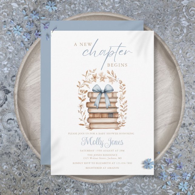 New Chapter Storybook Blue Bow Baby Shower Inbjudningar (New Chapter Storybook Blue Bow Baby Shower Invitation)