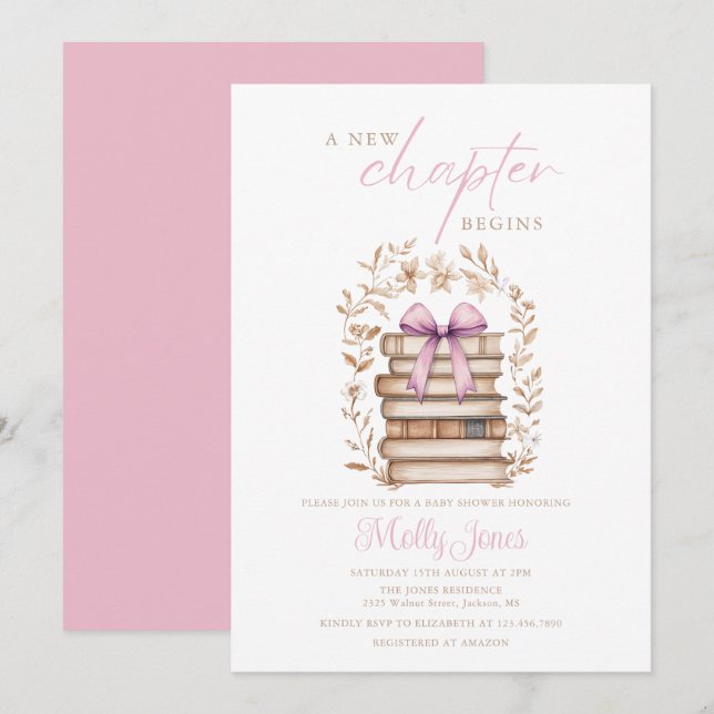 New Chapter Storybook Pink Bow Baby Shower Inbjudningar (Fram/baksida)