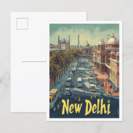 New Delhi India Art Vintage resor Illustration Vykort